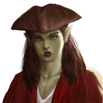 Calisro Benarry, artist Kenneth Camaro: Calisro Benarry, a dromaar woman in clothing that clearly marks her as a ship’s captain, looks towards the horizon, considering her future.