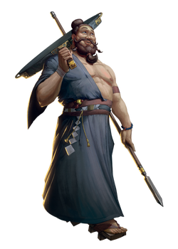 Ishii Bunji, Art by José Luis Islas López: A large man holding a spear and an enormous pan. He is wearing simple robes that are partially open, exposing his chest and scars beneath his pectoral muscles