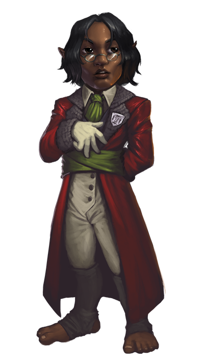 Artist Bruno Cesar: Majordomo Benedet. A dark skinned halfling wearing a fine long red jacket with a thick green belt, looking over their spectacles at the viewer.