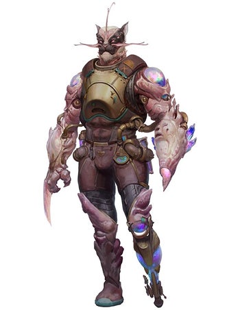 Illustration by Alexander Gorbunov: Kyyduh, a cat-like humanoid with six eyes, stands tall, wearing an armored chest plate. a large claw-like blade extends from their right wrist, while their left arm forms into a glowing opening that resembles a canon.