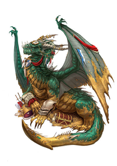 Illustration by Miguel Regodón Harkness: a green fortune dragon sitting on a board of gold