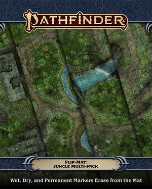 Pathfinder Flip-Mat: Jungle Multi-Pack. Top down view of a square grid map looking into dense jungle environments