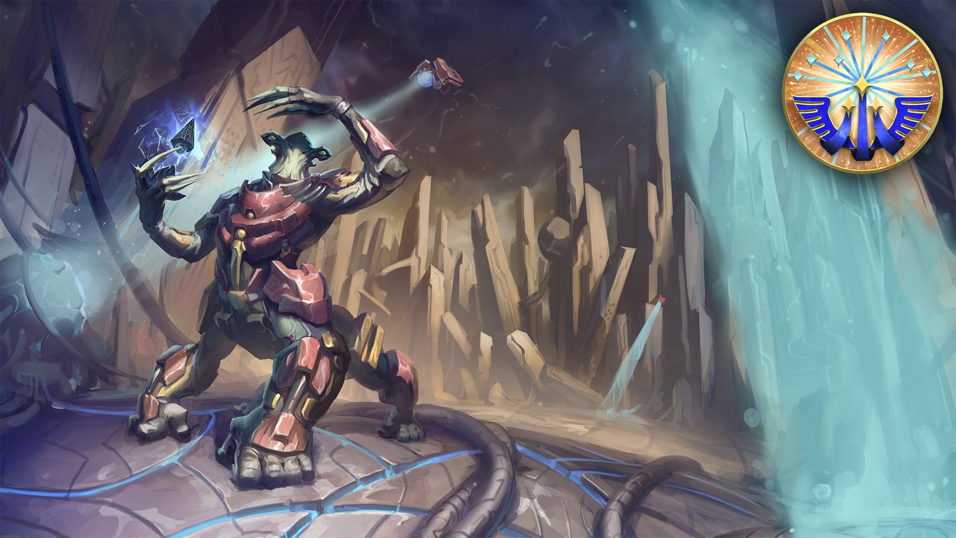 Starfinder Society Year of Era’s End Key Art: Sarmak, the izalguun First Seeker of the Starfinder Society, explores an ancient city of the FIrst Ones on the machine planet of Aballon