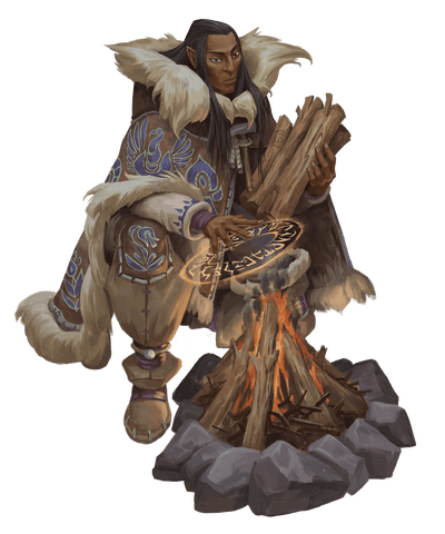 Campfire Chronicler, art by Anselmi Hyytinen. A man dressed in decorated furs, uses magic while tending to a campfire