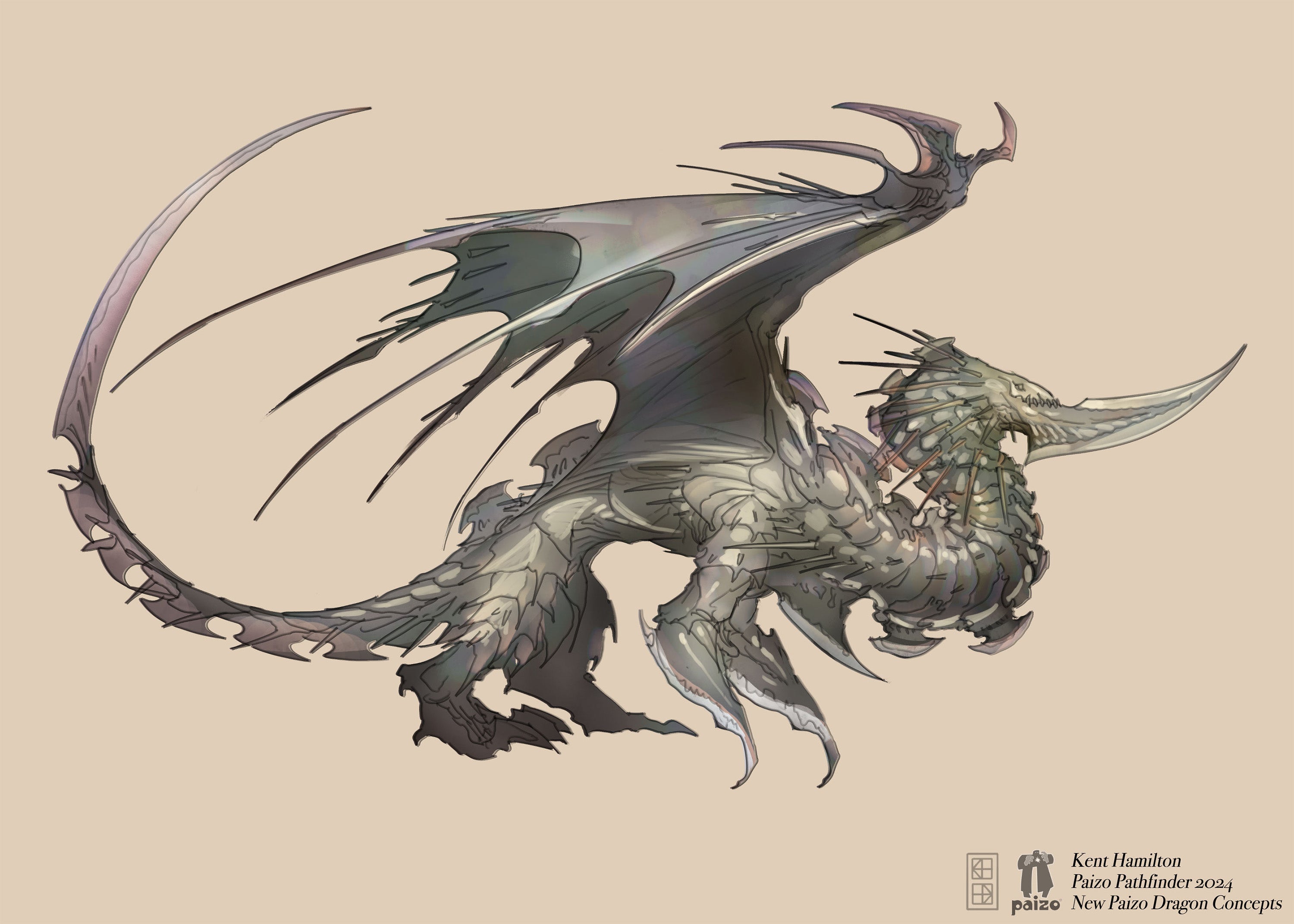 Vorpal Dragon Concept, artist Kent Hamilton: A sketch design of a vorpal dragon, a steel-colored dragon with overlapping sharpened scales. It has hooked blades for forearms and a huge, sharpened blade jutting out from its chin.