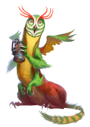 forest body ilskitt, a long creature with a green and white owl-like face, two sets of clawed arms and wings, and red haunches with talons on its feet