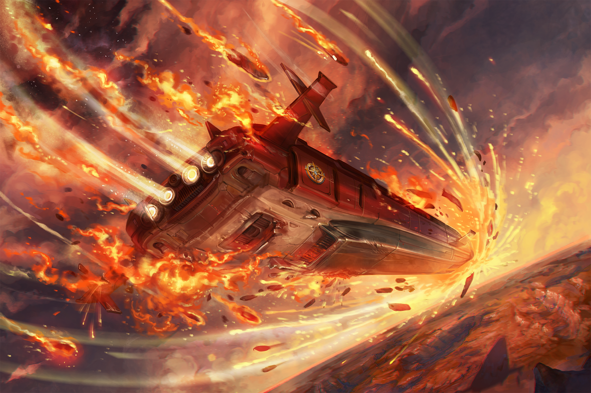 Illustration by Mirco Paganessi: A half page illustration of a Starfinder Society ship burning up as it enters orbit.