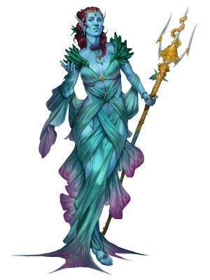 A tall blue skinned woman with gradient teal to purple robes