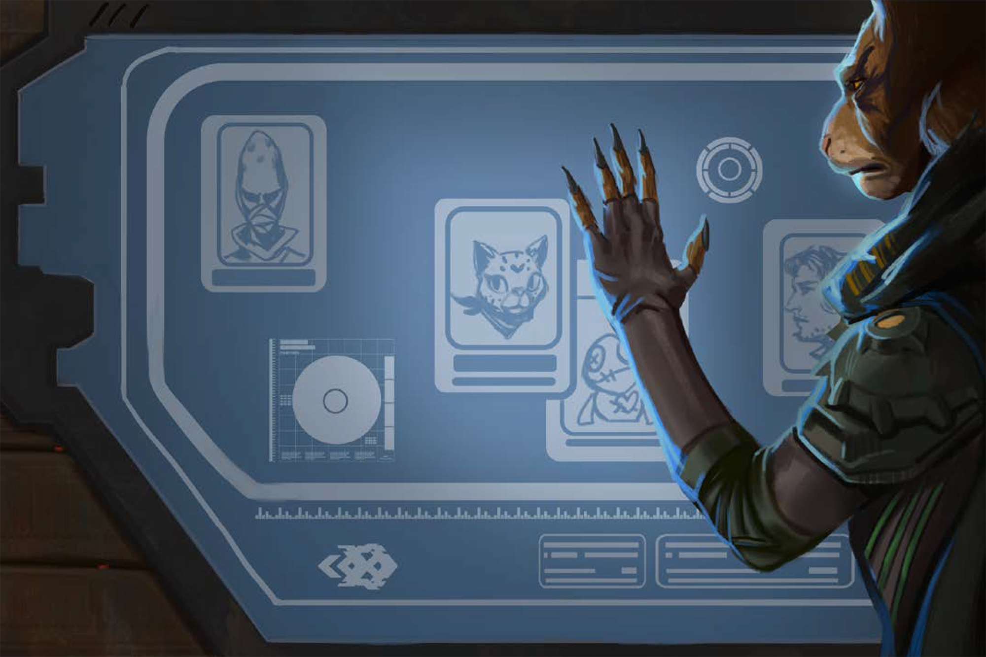 A catlike alien looking at headshots on a glowing blue screen