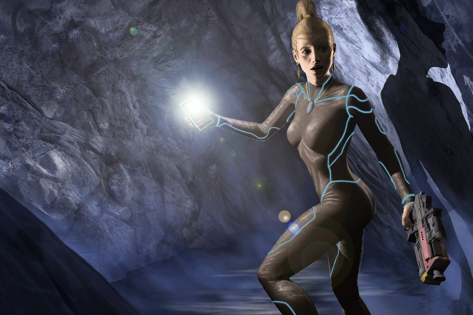 A human woman stands in a dark cave of gray stone. The only illumination comes from her handheld comm unit, which casts a harsh shadow on the wall behind her.