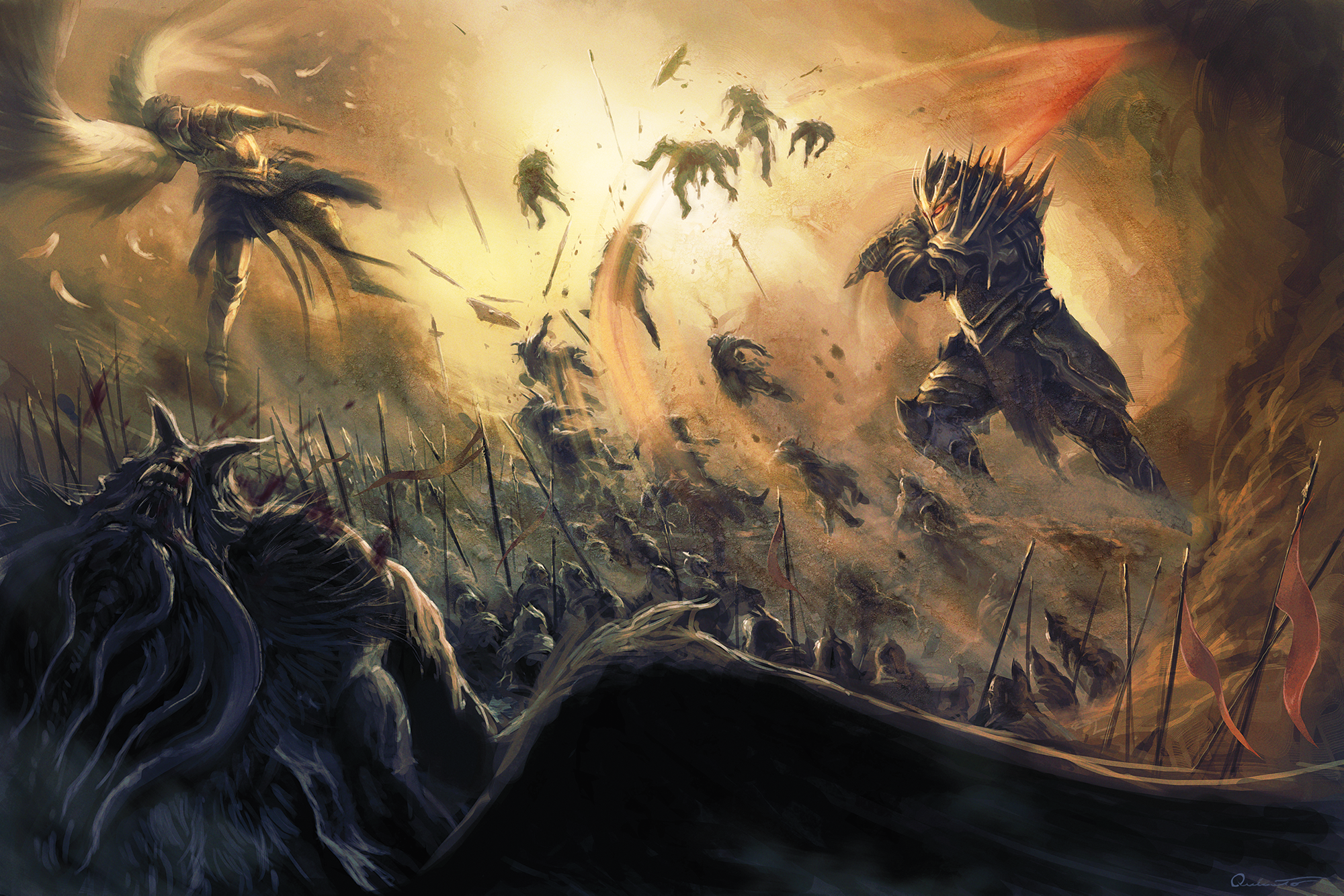 Illustration by Maichol Quinto; Gorum lays waste to vast swathes of puny mortals with but a swing of his mighty blade