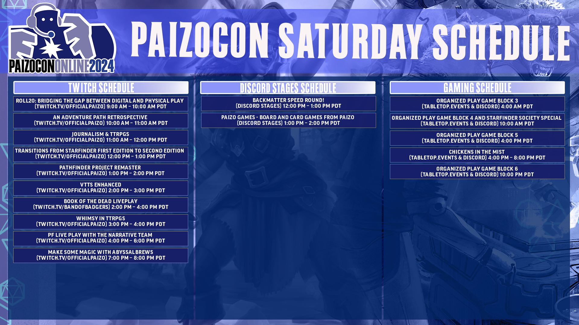 PaizoCon Online 2024 Saturday Schedule
