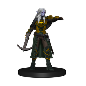 Mini figure of a long haired drow rogue with a crossbow in one hand and reaching out with the other