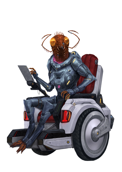 Zigivix, Illustration by Sebastien Rodriguez: The shirren Starfinder Zigvigix sits in their wheelchair, typing on a chair-mounted datapad while gazing at the viewer.