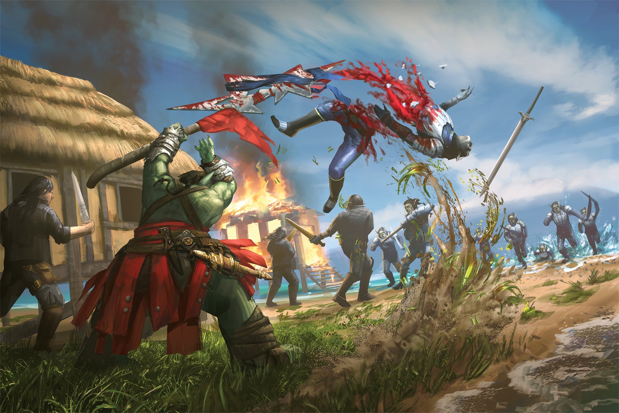 Art by Pixoloid Studios. Iconic Commander, Ulka, an orc dressed in leather armor cleaving an armored ghoul in half with such force that the two half of their body are flying up into the air.