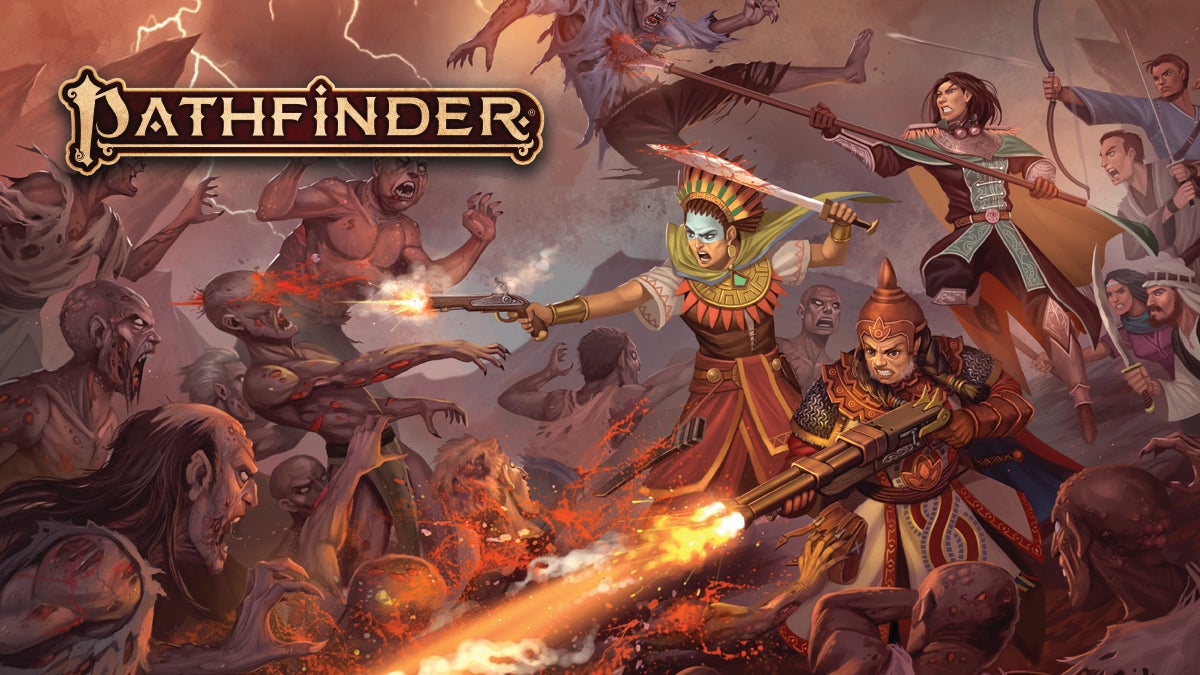 Pathfinder Player characters face off with firearms against a hoard of zombies