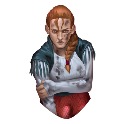 Hesla, the Broken Ember, artist Felipe Fornitani: A battered and beaten Hesla Embersplitter looks straight on at the viewer, her her hair in disarray and her clothing a mess, but her stare still adamant.