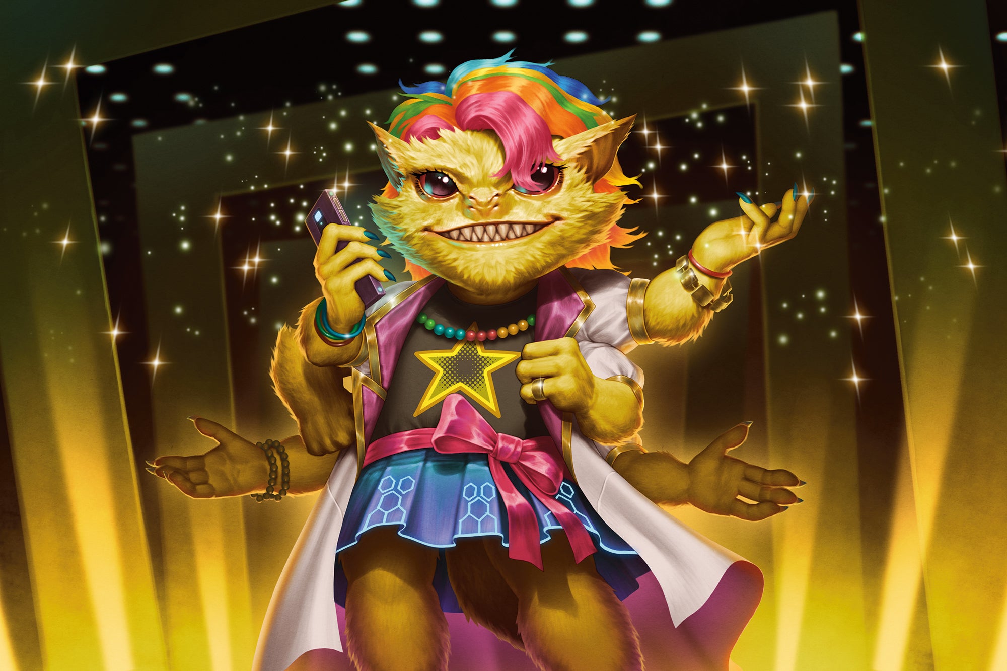 Art by  Gunship Revolution: This is Prisma, a fashion icon and upcoming designer in the Pact Worlds. She’s a skittermander: a six-armed furry alien. She’s wearing a fashionable outfit and making an important call on her comm unit, surrounded by a cloud of golden sparkles. 