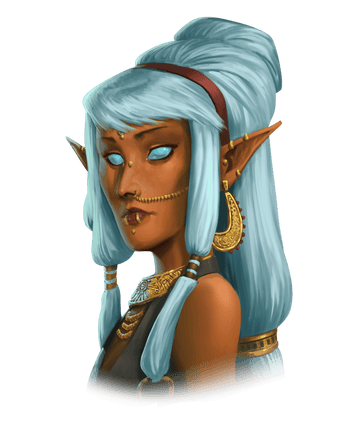 Arundhati illustration by Ivan Koritarev: A headshot of Arundhati, a humanoid with light blue hair and eyes, pointed ears, wearing gold jewelry