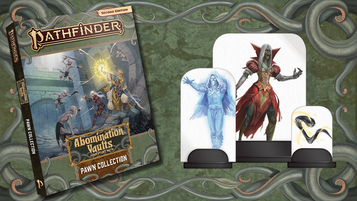 Abomination Vaults Pawn Collection. Iconics  kyra and merisiel battling their way out of a dungeon against a small hoard of Morlocks, under an overlay of pawn mockups