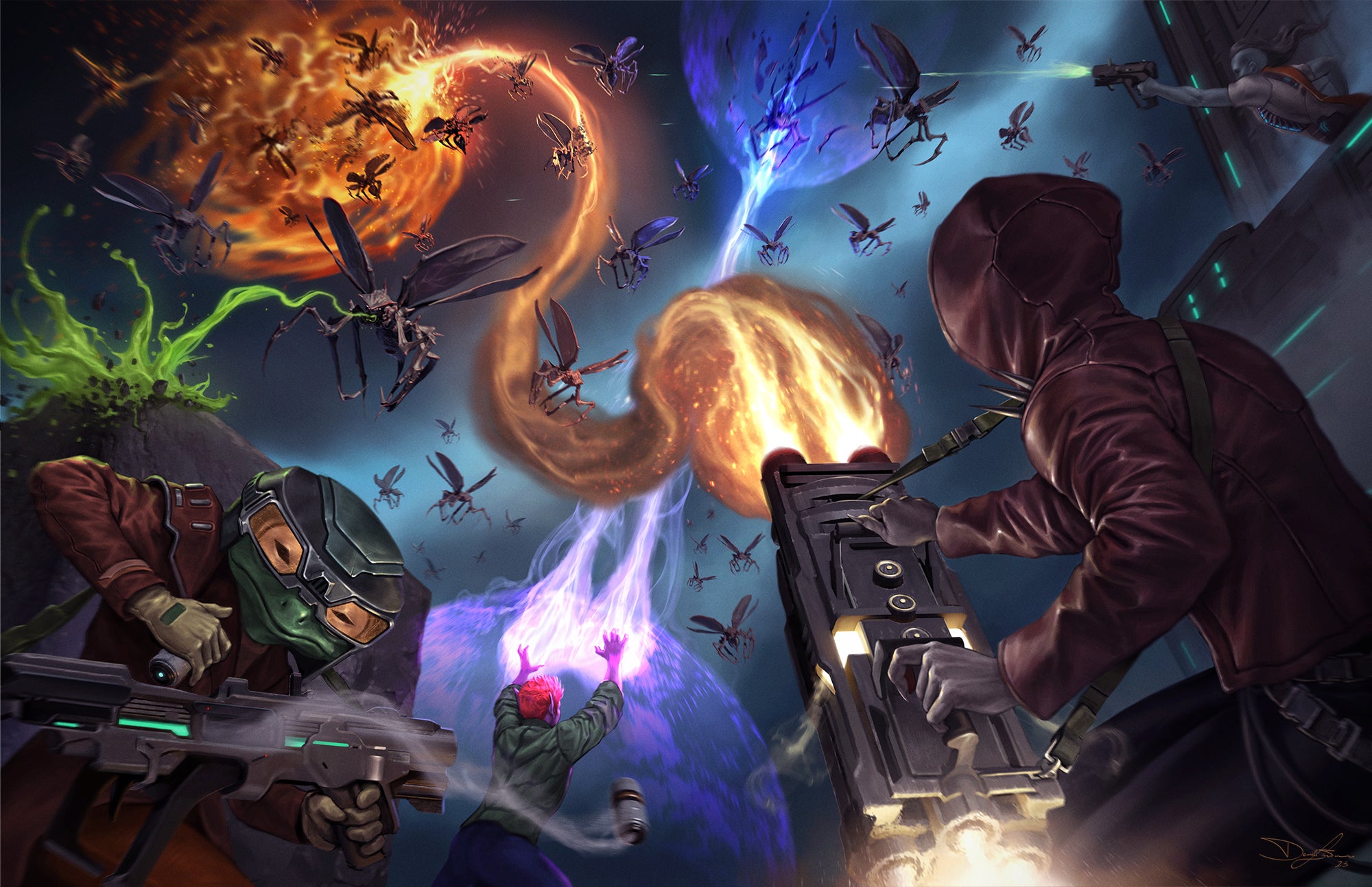 Art by Daniele Sorrentino: A group of four different species battle against the Swarm