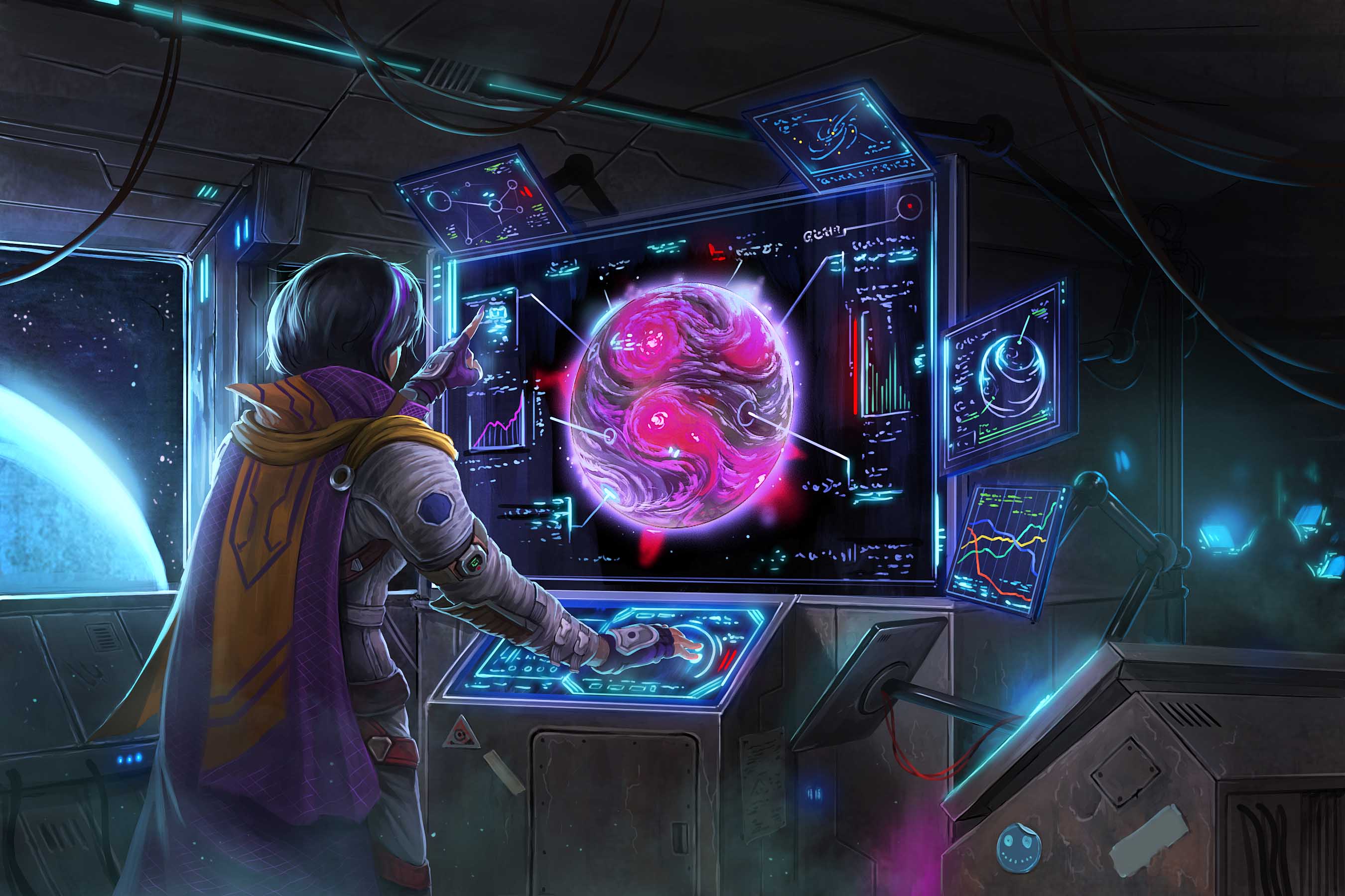Navasi, the iconic envoy, is engrossed in an array of computer screens, each displaying a different view of an alien world.