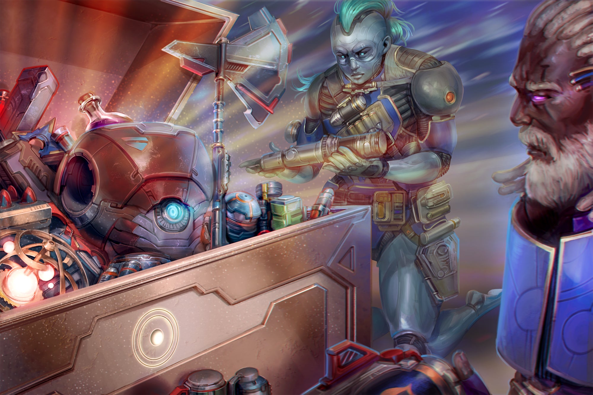 art by Mirco Paganessi: Starfinder iconics Iseph, the blue skinned android, and zemir, the dark skinned human go through a chest overflowing with different loot from armor to weapons.