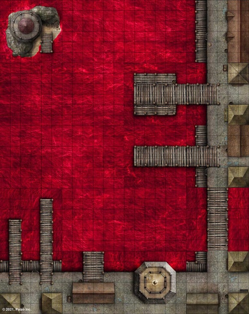 A tiled map of an urban waterfront, with docks reaching out into red water