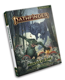 A 3D mock of Pathfinder Monster Core Pocket Edition; mushroom leshy run through a forest as they're being chased by a green troll with large tusks, even farther in the background, chasing the troll is a large, spiky dragon.