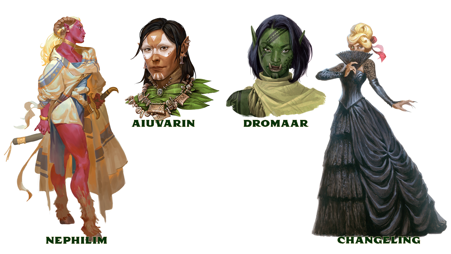Art showing off four mixed heritages: a Nephilim, a Changeling, an Aiuvarin, and a Dromaar.