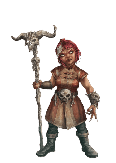 Art by Cagdas Demiralp: Zenda Modic, a halfling vampire with fanged skull accessories
