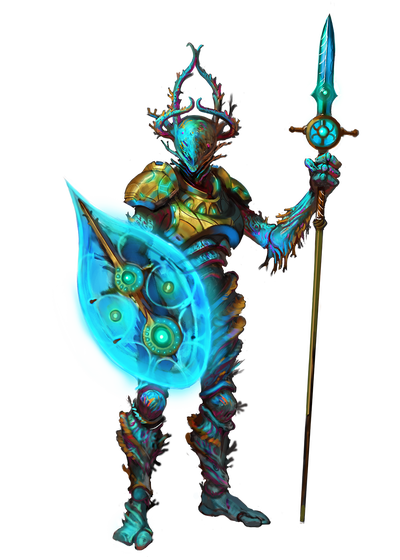 Ixthia the Unbreakable, the nonbinary faction leader of the Exo-Guardians.