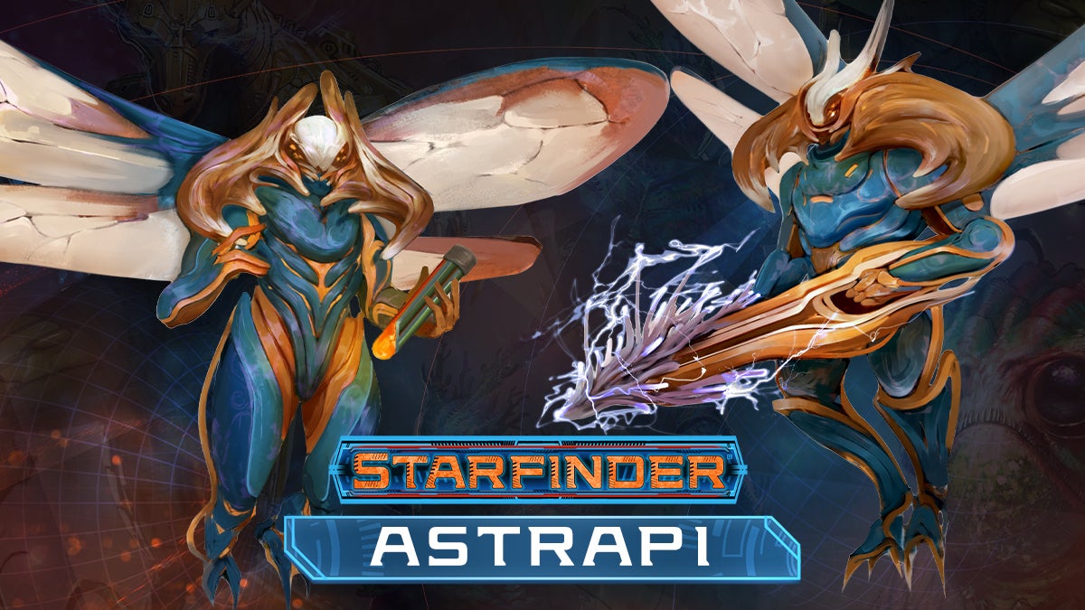 Starfinder playable race, Strapi. Bipedal arthropods with chitinous exoskeletons, membranous insectile wings, and large powerful mandibles. Their pigmentation runs the gamut from dark blues through bold yellows, and some astriapis selectively carve their exoskeletons to create individualistic patterns