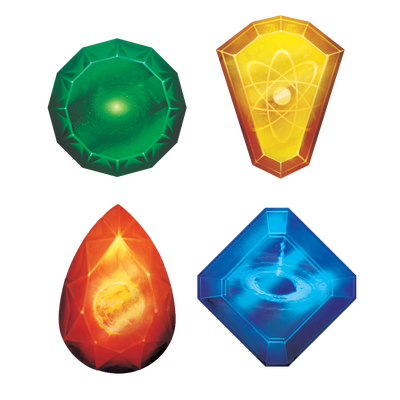 Crystals, artist Joshua Wright: four differently shaped crystals, a top left is a round green crystal, top right is a yellow diamond shaped crystal that's wider at the top, the bottom left is a red-orange crystal shaped like a tear-drop, and bottom right crystal is a blue square shaped crystal with flattened corners