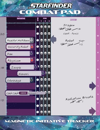 Starfinder Second Edition Combat Pad: A magnetic, dry erase pad, with moveable name that can track where players are in a turn order, one side is a counting turn tracker and the other side is a blank space for note taking