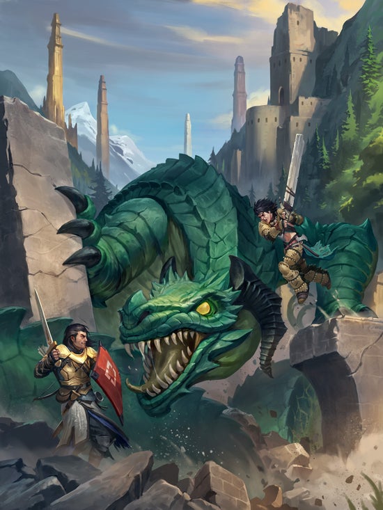 Art by Gunship Revolution: Valeros, a fighter dressed in gold colored full plate armor, and Amiri, a barbariam dressed in leather armor and a bare mid-riff battle  linnorm, a large green, dragon-like monster, in the ruins of a castle 