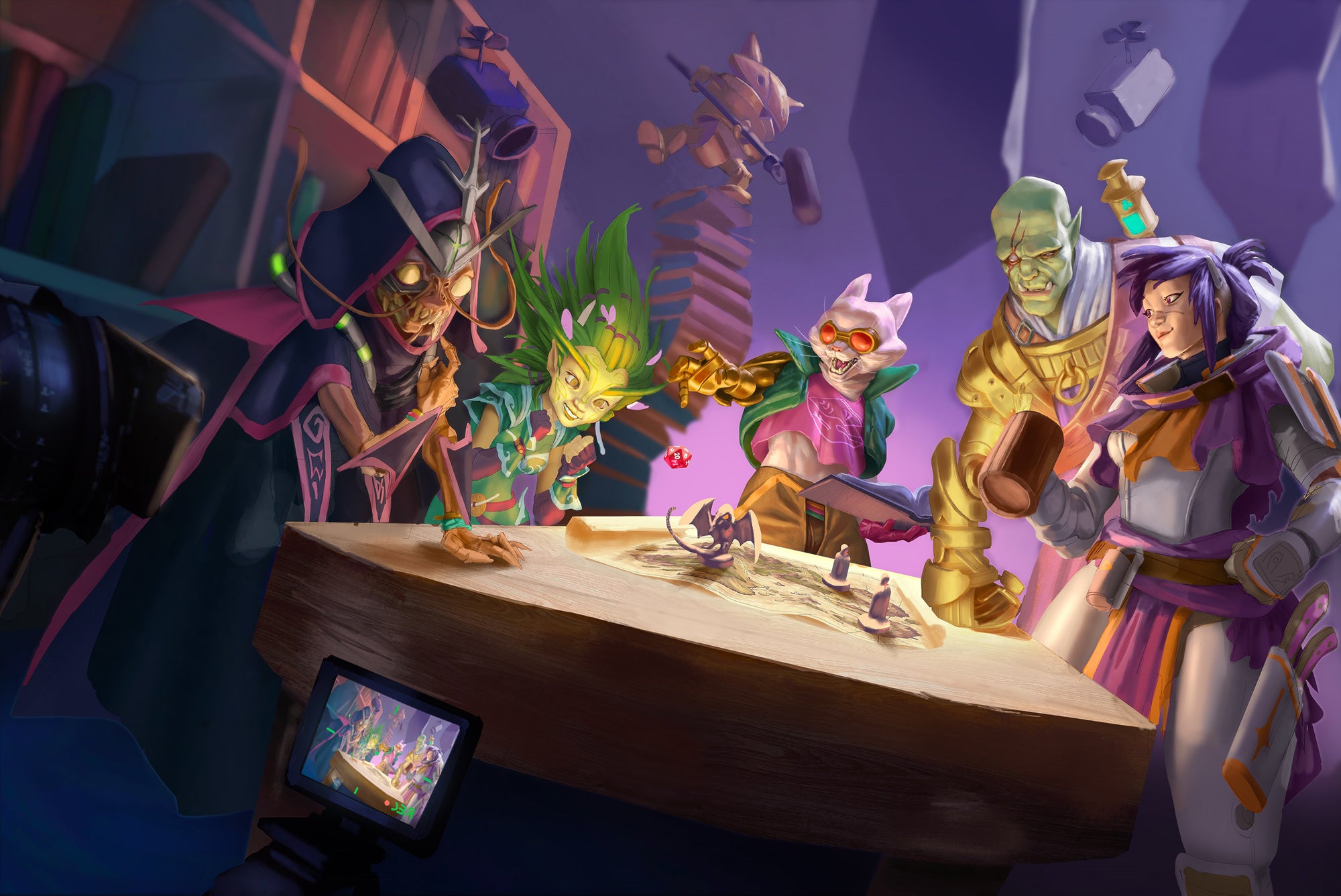 Illustration by Julio Reyna: Pathfinder and starfinder iconics around a table top gaming table with a map and mini figures. Multiple cameras are recording as the catlike iconic Solarion, Dae, rolls a 20 sided die.
