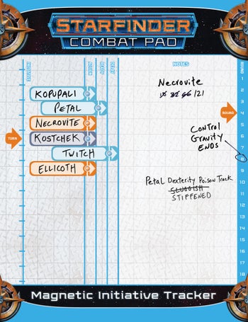 Starfinder First Edition Combat Pad: A magnetic, dry erase pad, with moveable name that can track where players are in a turn order, one side is a counting turn tracker and the other side is a blank space for note taking