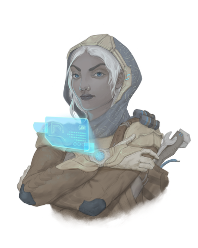 Illustration by Lucas Fernando: A determined damai woman examines a holographic interface on her wrist.