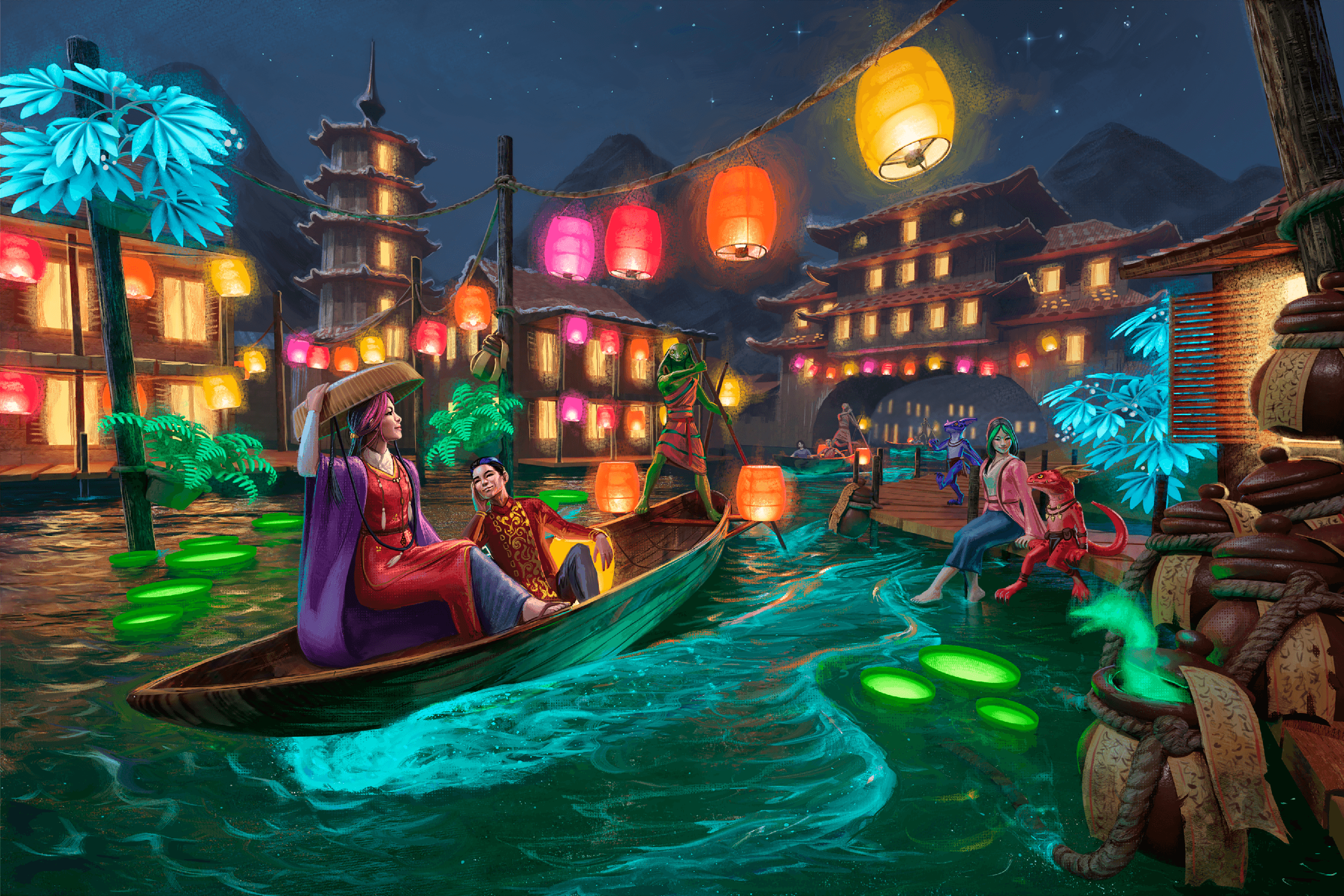 Illustration by Luis Salas Lastra: humans, kobolds, and nagaji relax in boats and on the docks by a river, lit by festival lanterns and glowing flowers at night