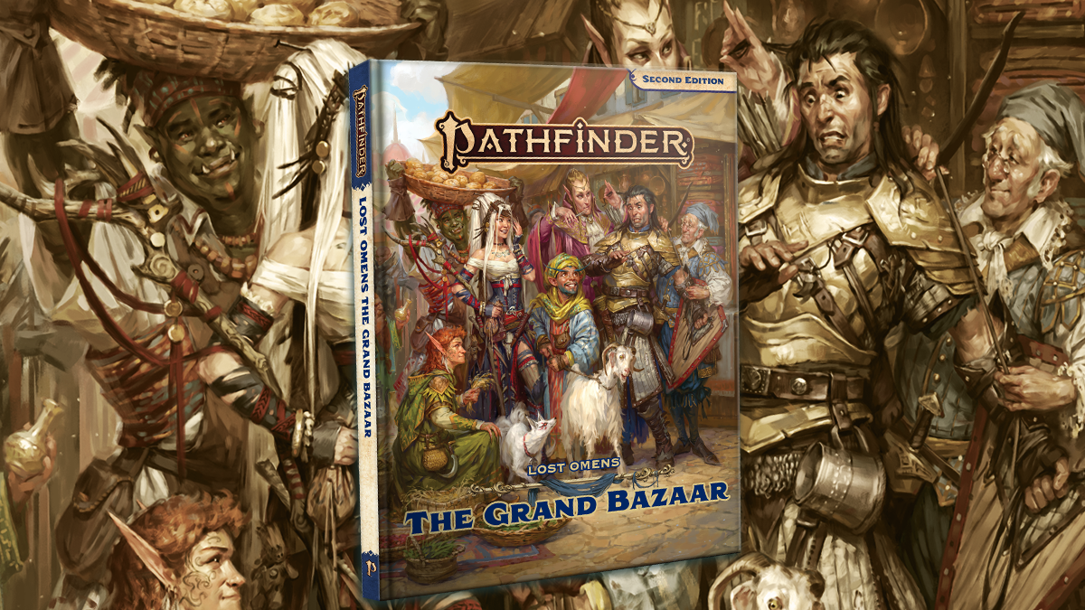 Lost Omens The Grand Bazaar: The iconics shop at a bustling bazaar full of colorfully dressed people, booths, and wares