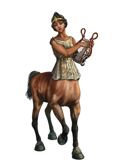 Art by Cagdas Demiralp: Aesara Fleethoof, a dark skin centaur playing a small harp