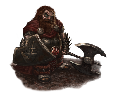 Illustration by Francesco Graziani : A heavily armored dwarven priest of Gorum weilds an axe in one hand and a steel shield emblazoned with Gorum’s symbol in the other. He’s clearly looking for a fight.