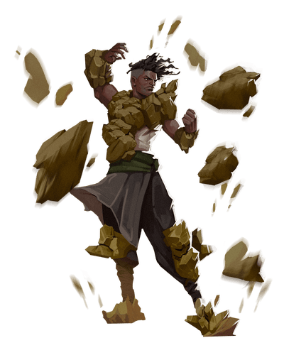 Mountain guardian art by Paulo Magalhães. A dark skinned human summoning stones to form armor around them