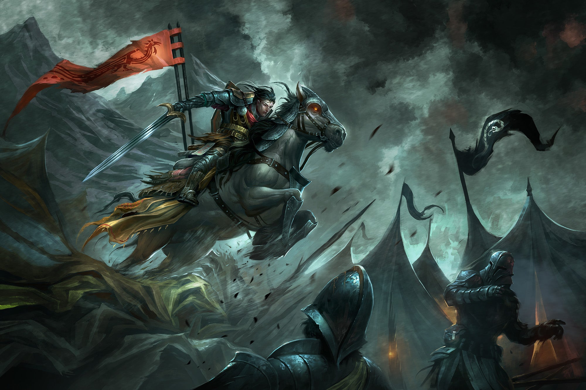 Art by Christoph Peters. A fully armored knight riding their armored horsed through an enemy encampment and leaping over enemy knights with their sword drawn