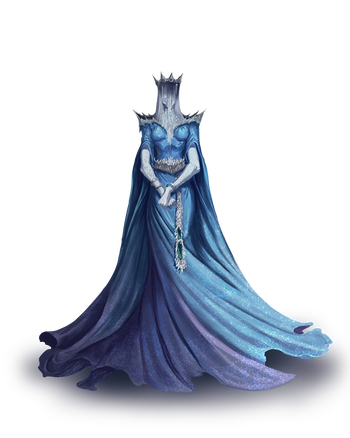 he Waterfall, artist Nicolas Espinoza : A figure in a flowing sparkling blue gown. Their face is masked by a magical waterfall flowing from the silver crown they wear.