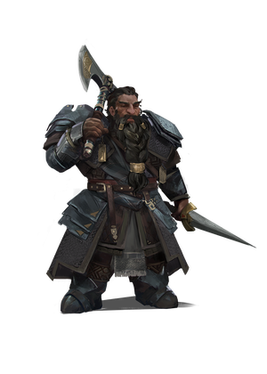 Khadon the Mighty, Art by Sandra Posada : A dwarven warrior with dark skin clad in impressive armor. He’s wielding a sword and axe, and looks powerful and stoic