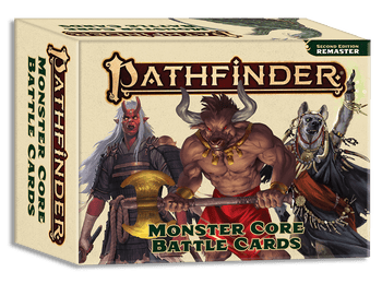 Pathfinder Monster Core Battle Cards; the box cover features art of a Minotaur, a devil, and a bi-pedal hyena-like being dressed in robes
