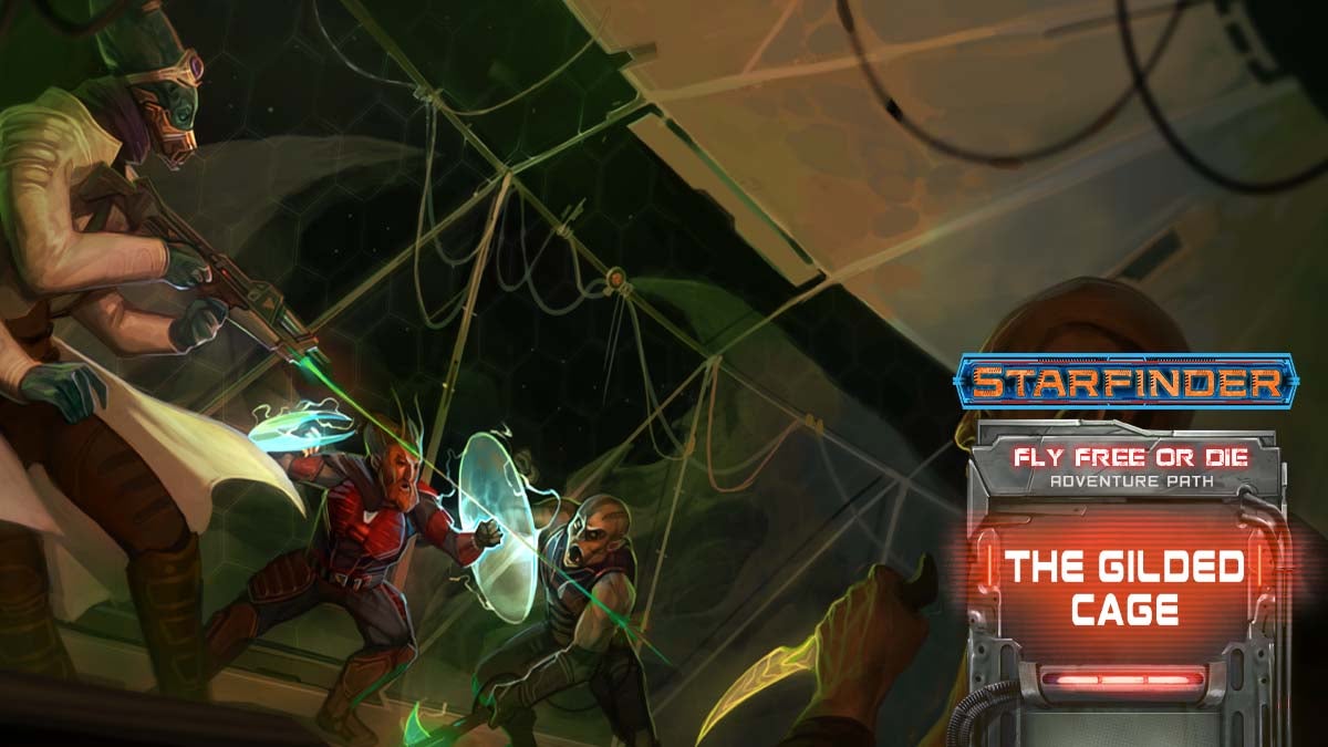 Starfinder Fly Free or Die Adventure Path. Iconics Barsala and Vellori fighting against two attackers wielding blades