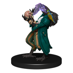 Tengu Jinx Eater: A mini figure of a tengu in a large jacket with a parrot on their shoulder, eating a purple smoke from a broken jar